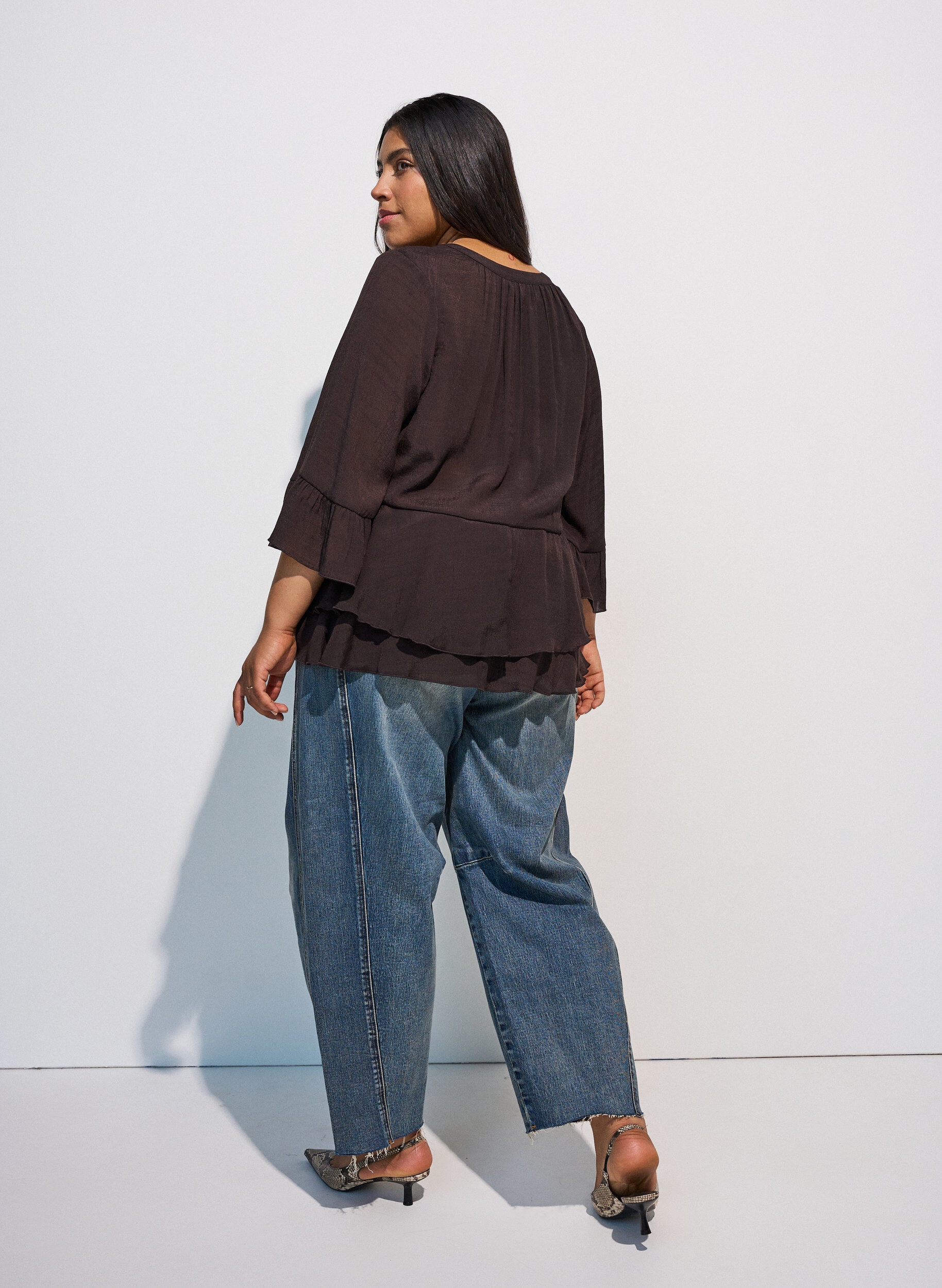 ZizziBlouse met 3/4-mouwen en ruchesdetails, Bruin, Model image number 2