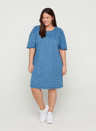 Gestippelde denim jurk met korte pofmouwen, Blue denim w. Dot, Model image number 3