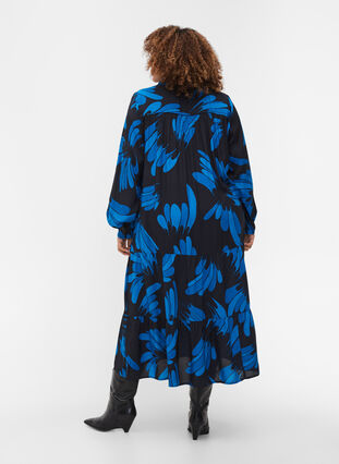Viscose midi-jurk met knopen en print, Dark Blue AOP, Model image number 1