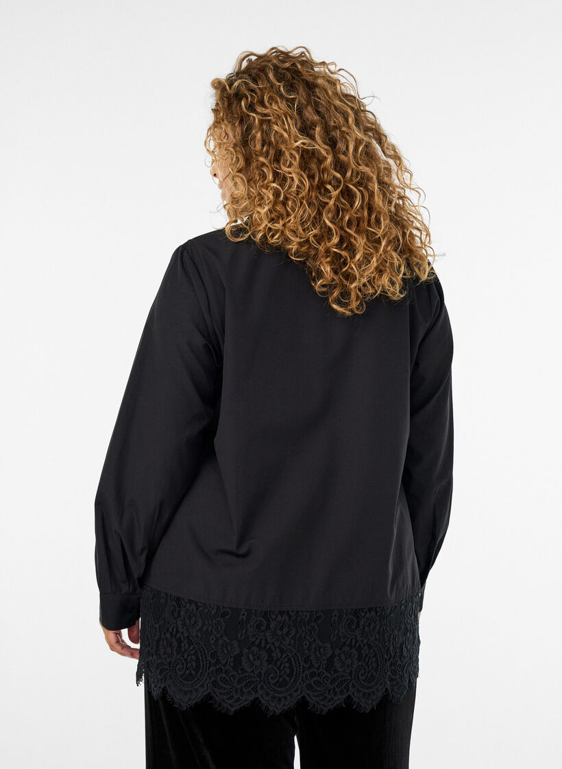 Losse blouse met een brede kanten rand, Zwart, Model image number 2