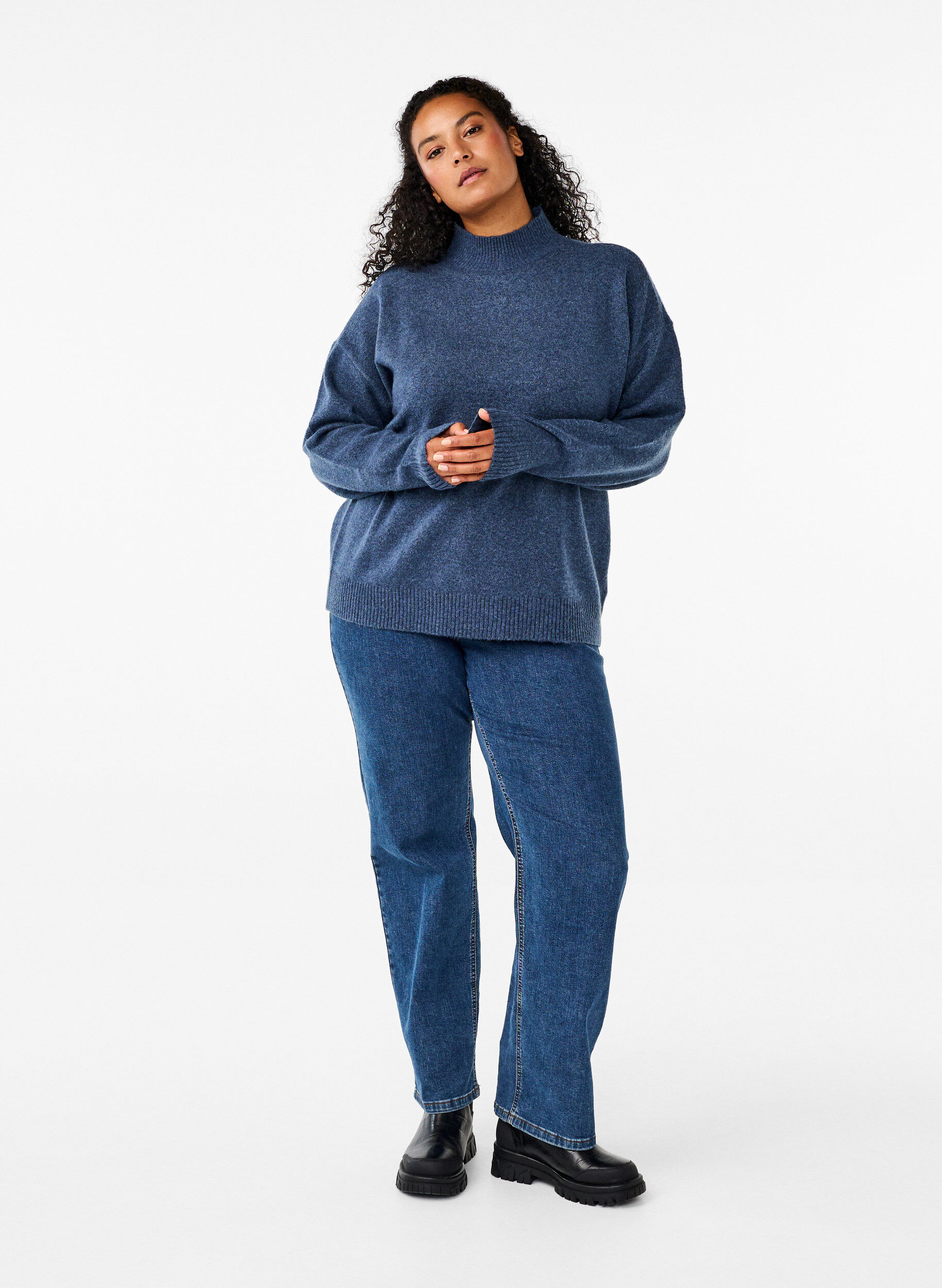 Zizzi Gebreide wollen blouse met hoge hals, Bering Sea Mel., Model image number 2