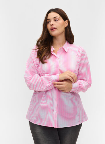 Gestreepte blouse in katoen, White/ Pink Stripe, Model image number 0