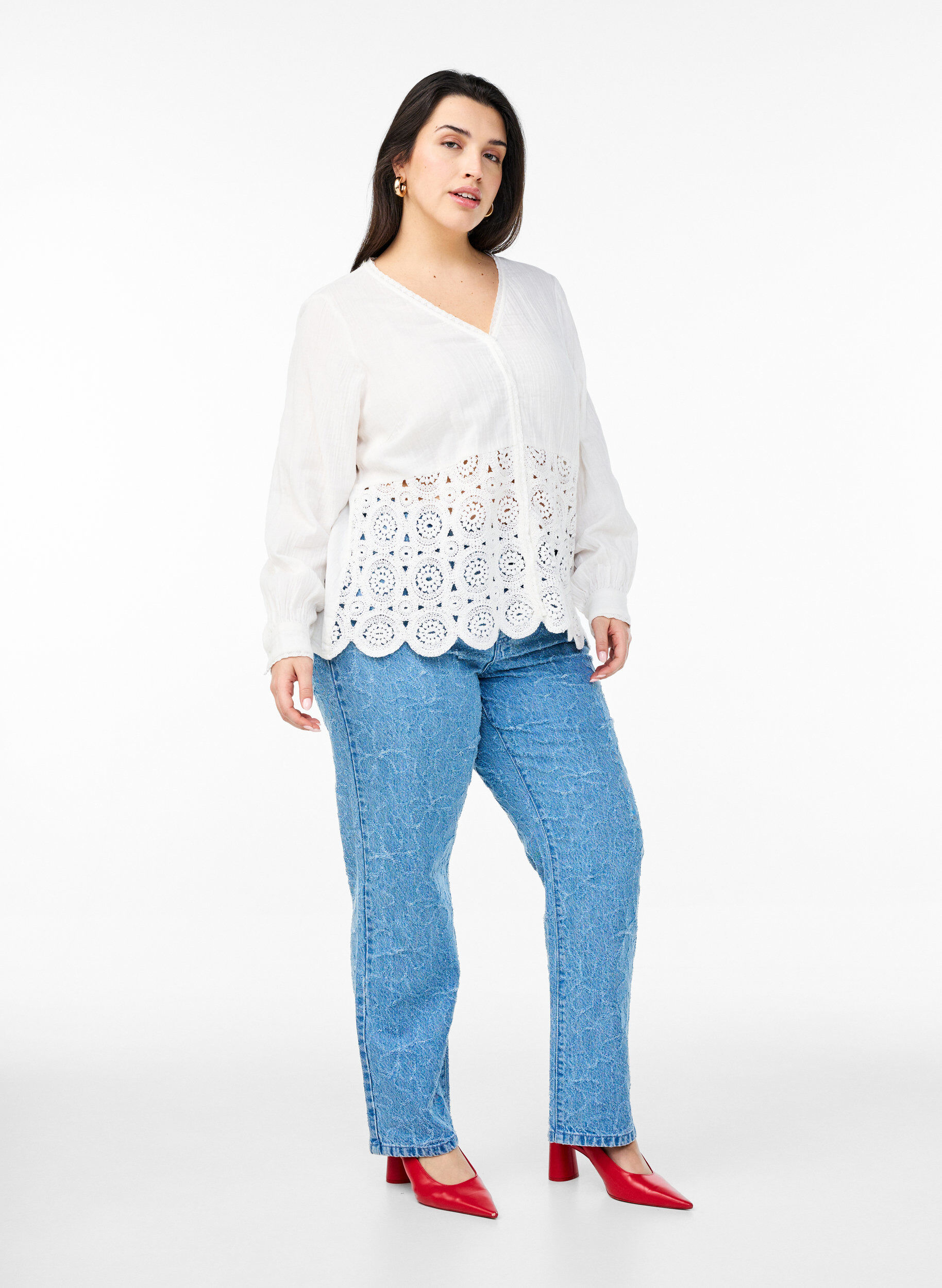 Zizzi Katoenen mousseline blouse met haakdetails, Vanille, Model image number 1