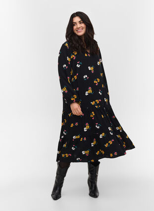 Midi-jurk met print in 100% viscose, Black Flower, Model image number 2