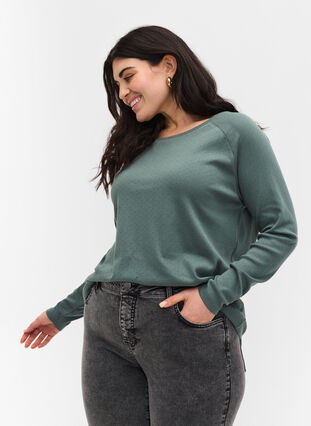 Katoenen blouse met lange mouwen en kantpatroon, Balsam Green, Model image number 0