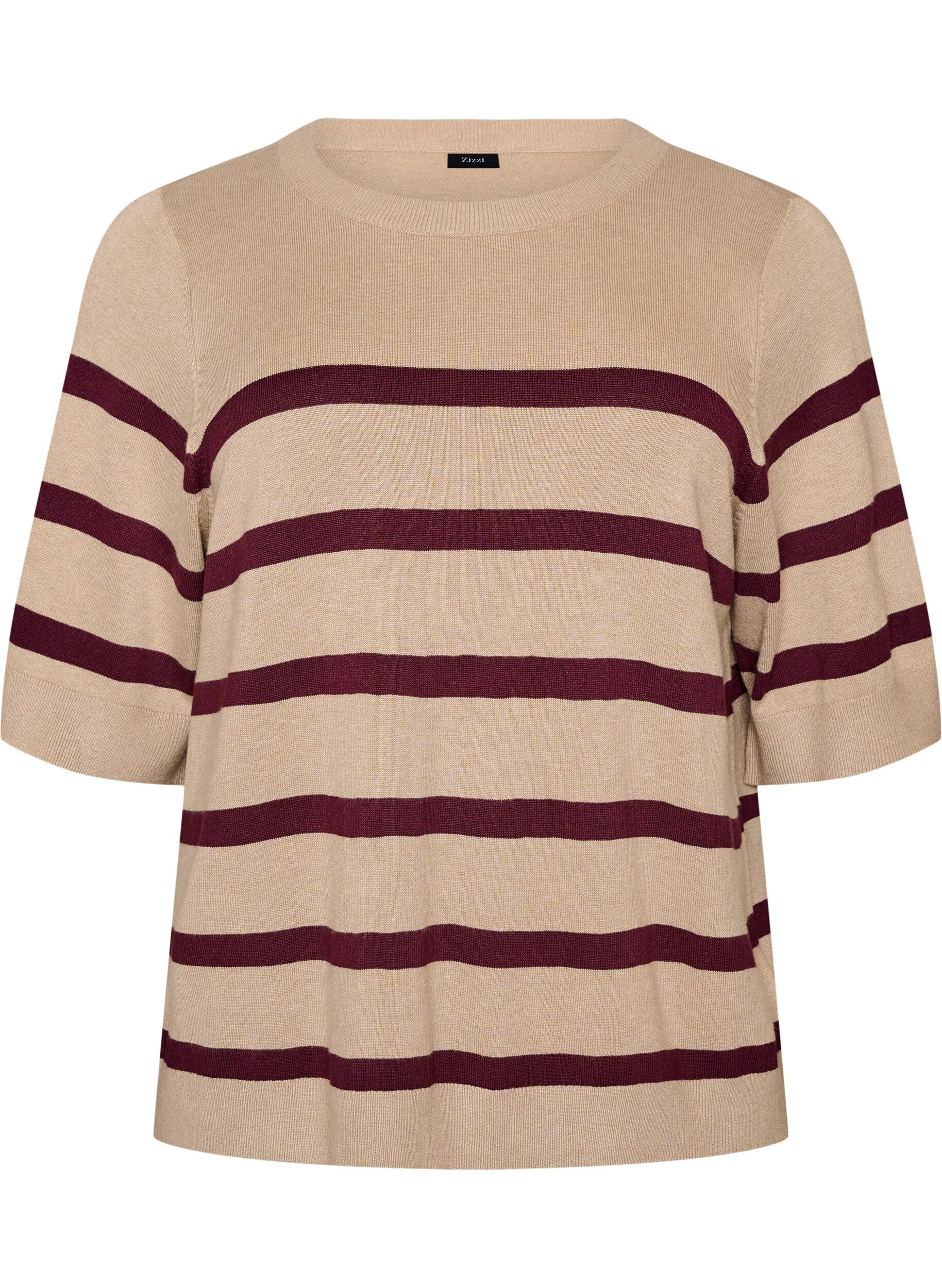 ZizziGestreepte top met korte mouwen in breisel, Beige, Packshot image number 0