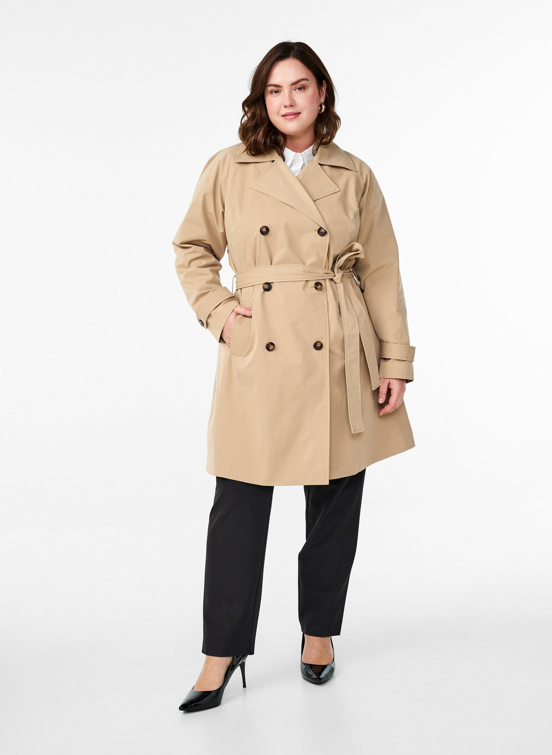 Zizzi Halflange trenchcoat met ceintuur, Incense, Model image number 2