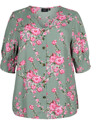 Viscose blouse met knopen, Spray Green Flower, Packshot image number 0