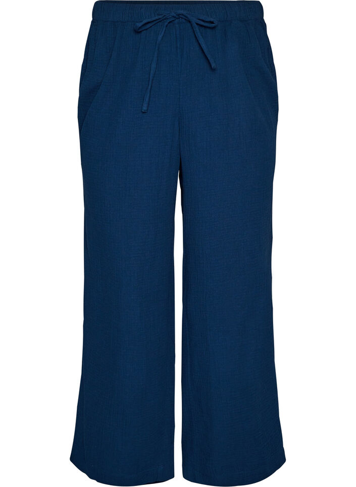 Losse pyjamabroek van katoenen mousseline, Blauw, Packshot image number 0
