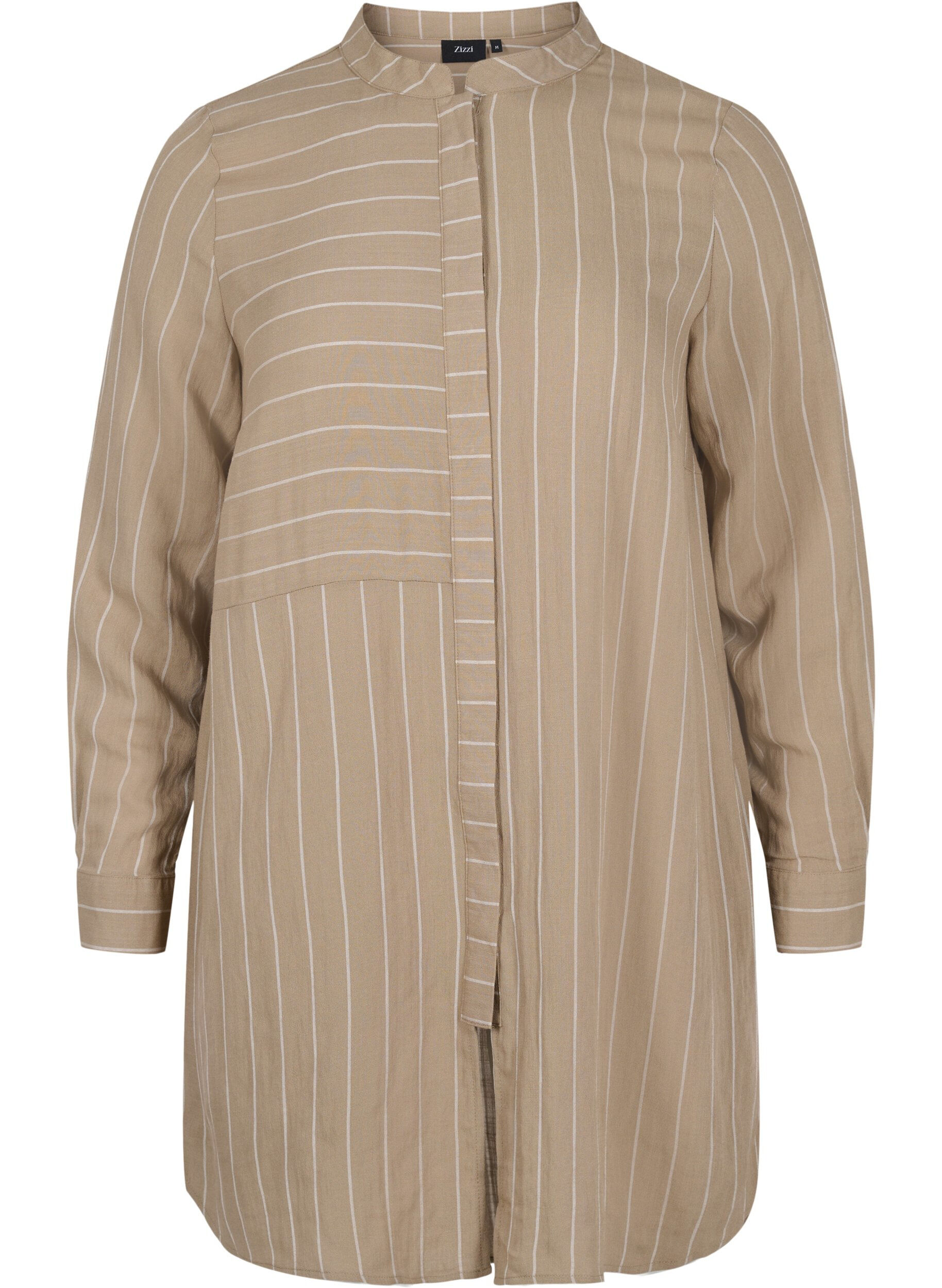 Zizzi Lange gestreepte blouse in viscosemix, Timber Wolf/White, Packshot image number 0