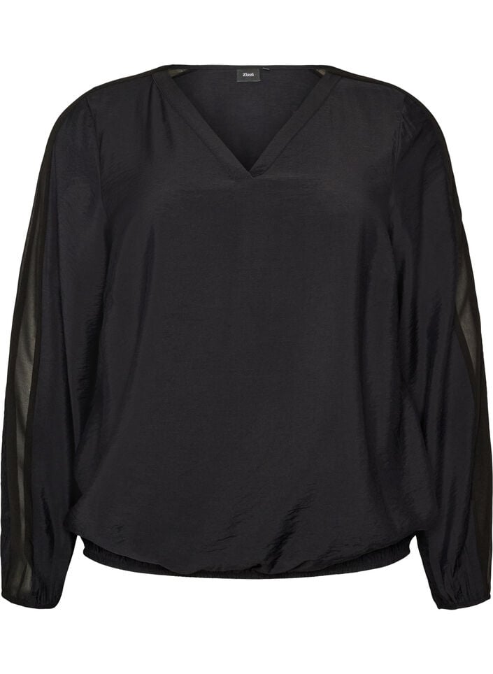 Blouse met balloneffect en chiffondetails, Zwart, Packshot image number 0