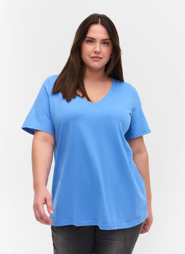 T-shirt in biologisch katoen met v-hals, Ultramarine, Model image number 0