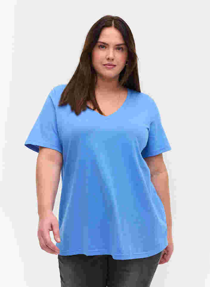 T-shirt in biologisch katoen met v-hals, Ultramarine, Model image number 0