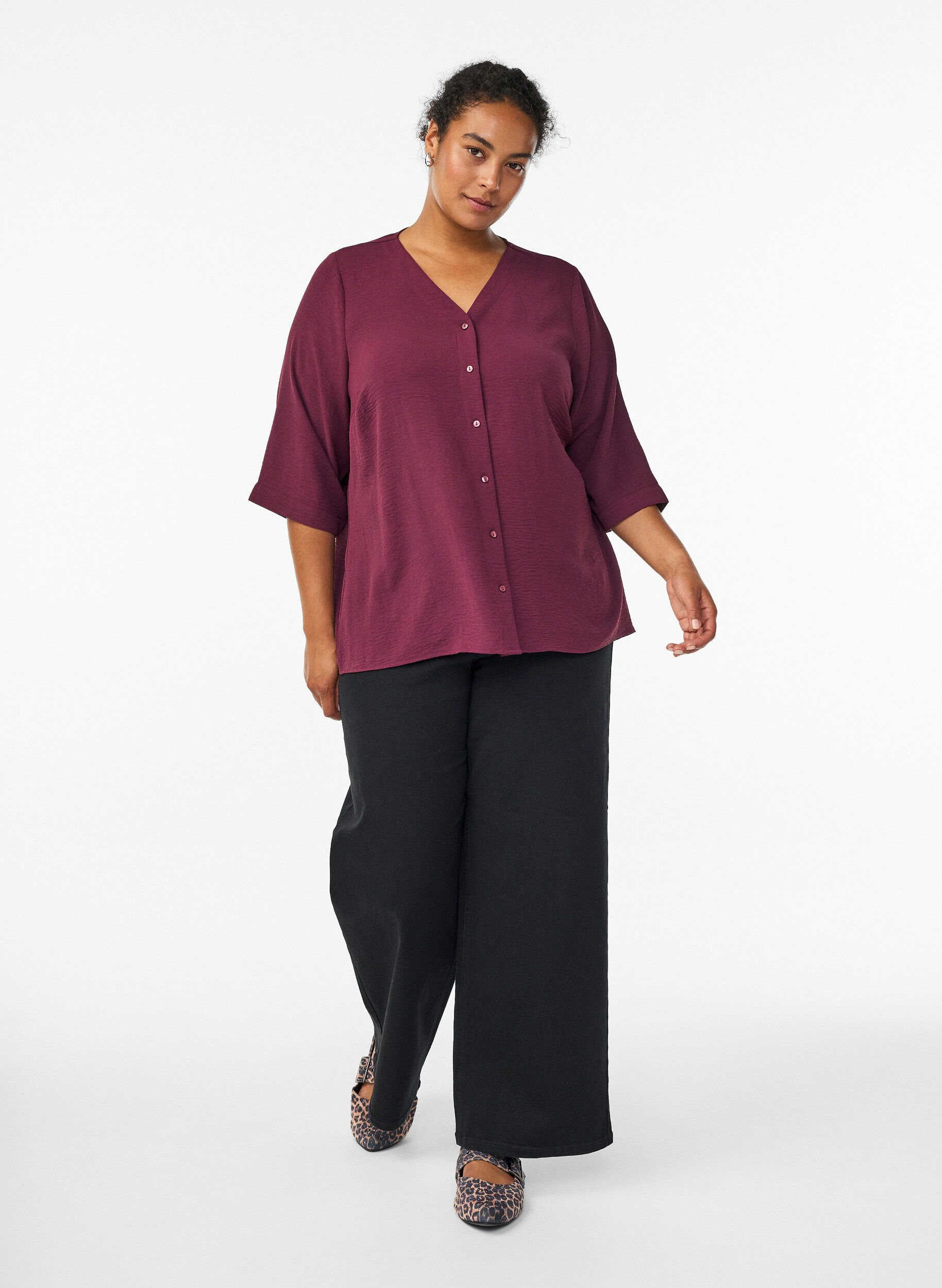 ZizziShirtblouse met V-hals en 3/4 mouwen, Rood, Model image number 1