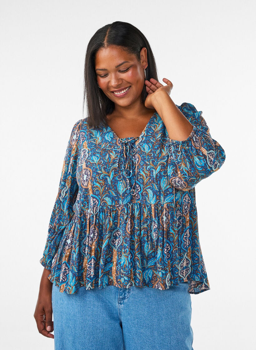 Blouse met paisleyprint en kanten detail, Blauw, Model image number 0