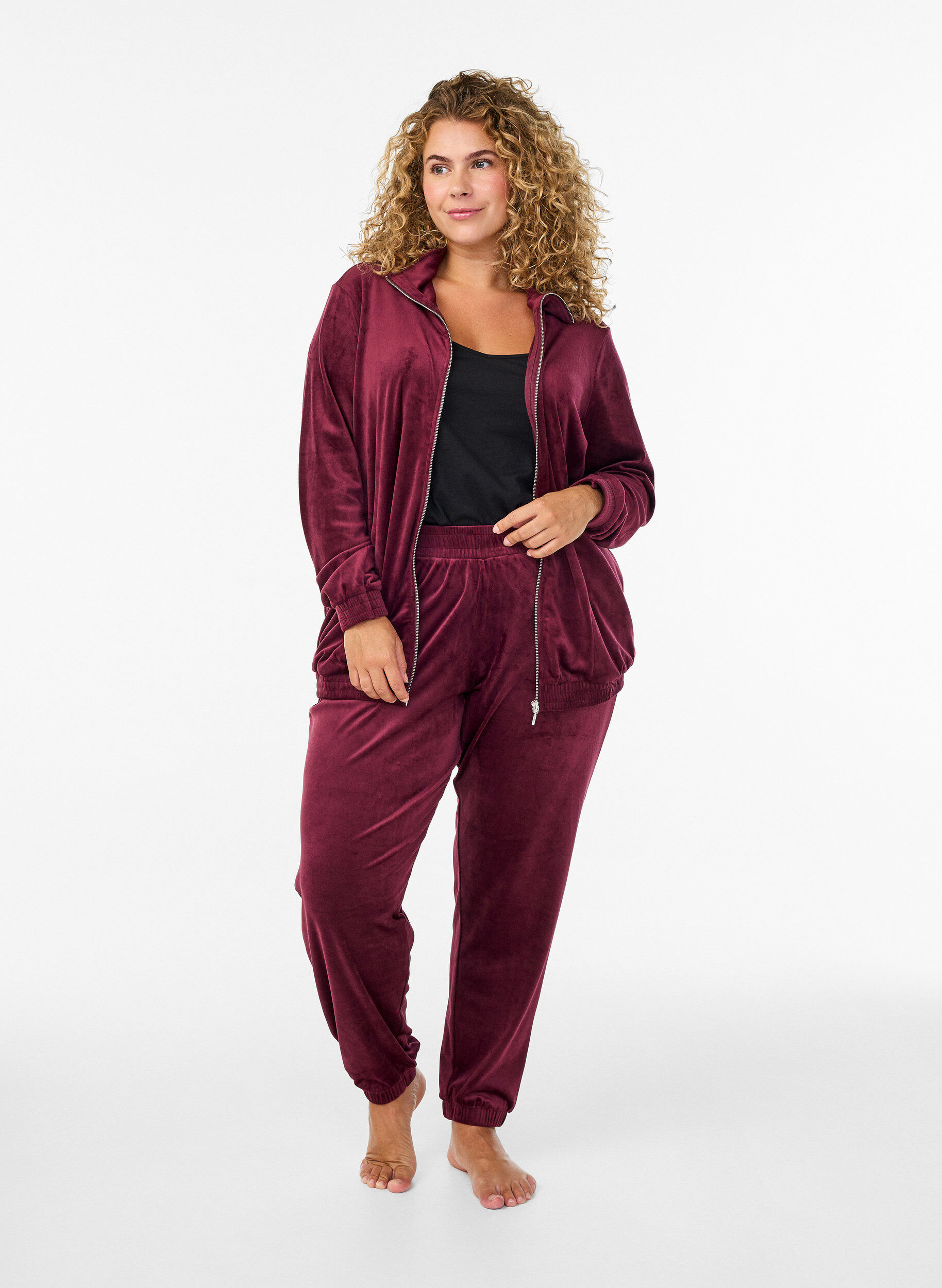 Zizzi Velour cardigan met ritssluiting en hoge kraag, Donker Bordeaux, Model image number 1
