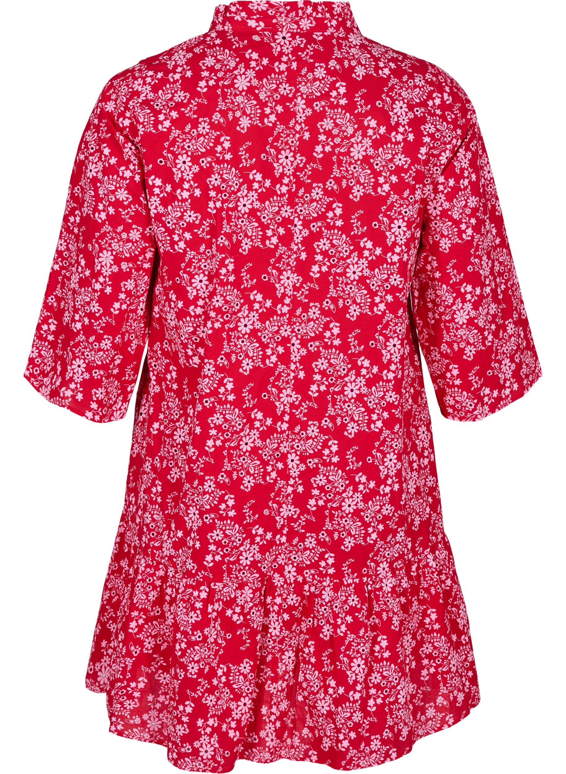 Zizzi Knie-lange jurk met bloemenprint en 3/4 mouwen, Rood, Packshot image number 1