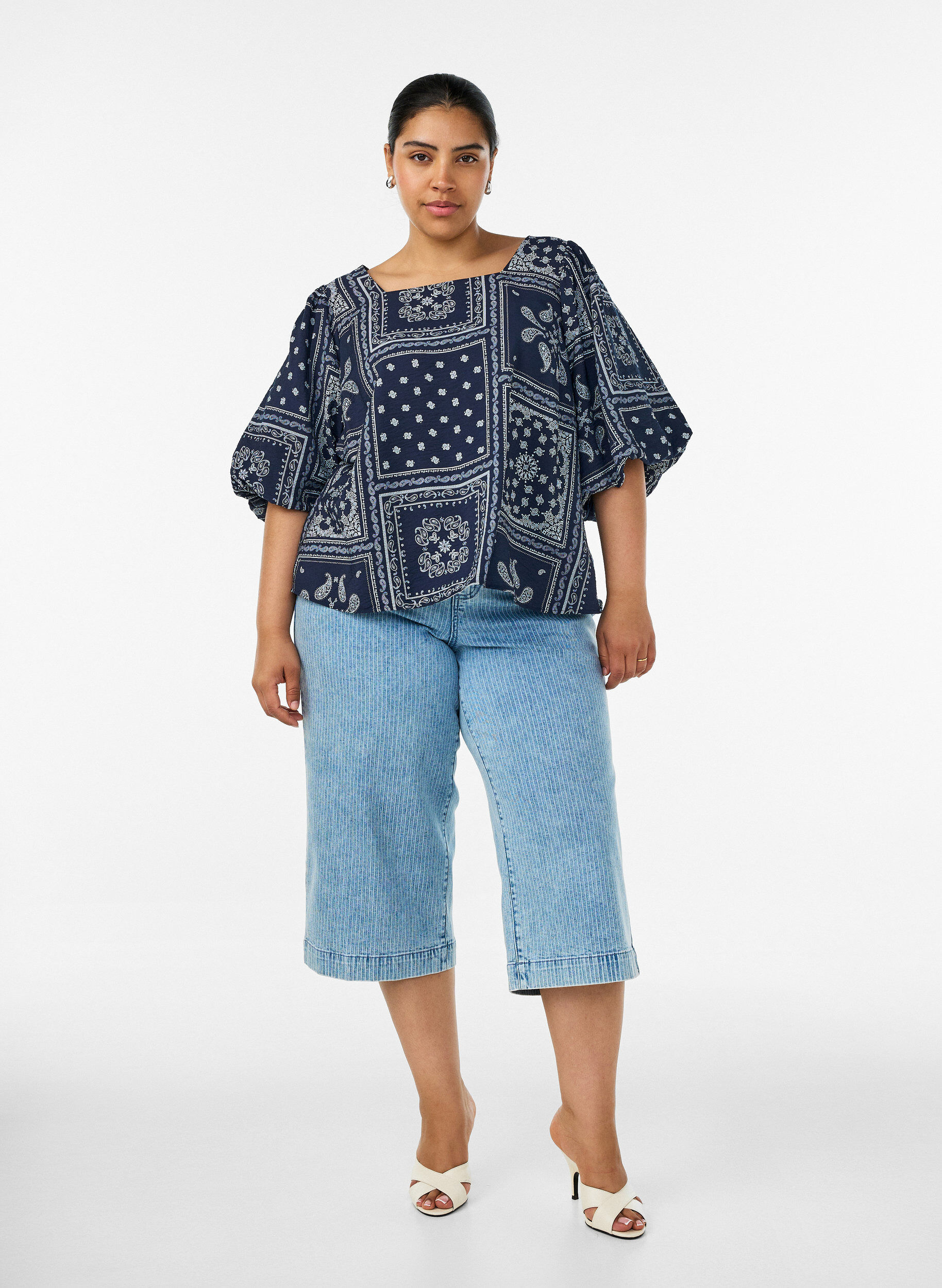 ZizziViscose blouse met paisleymotief en ballonnenmouwen, Blauw, Model image number 1