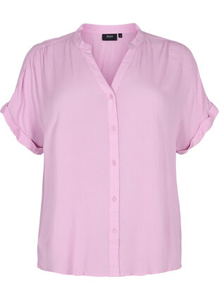 Viscose overhemd met korte mouwen en v-hals, Mauve Mist, Packshot image number 0