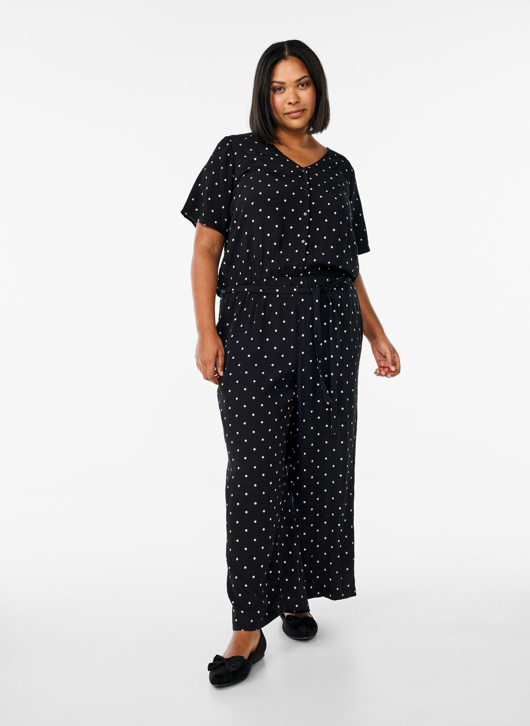 Polkadot jumpsuit met korte mouwen, Zwart, Model