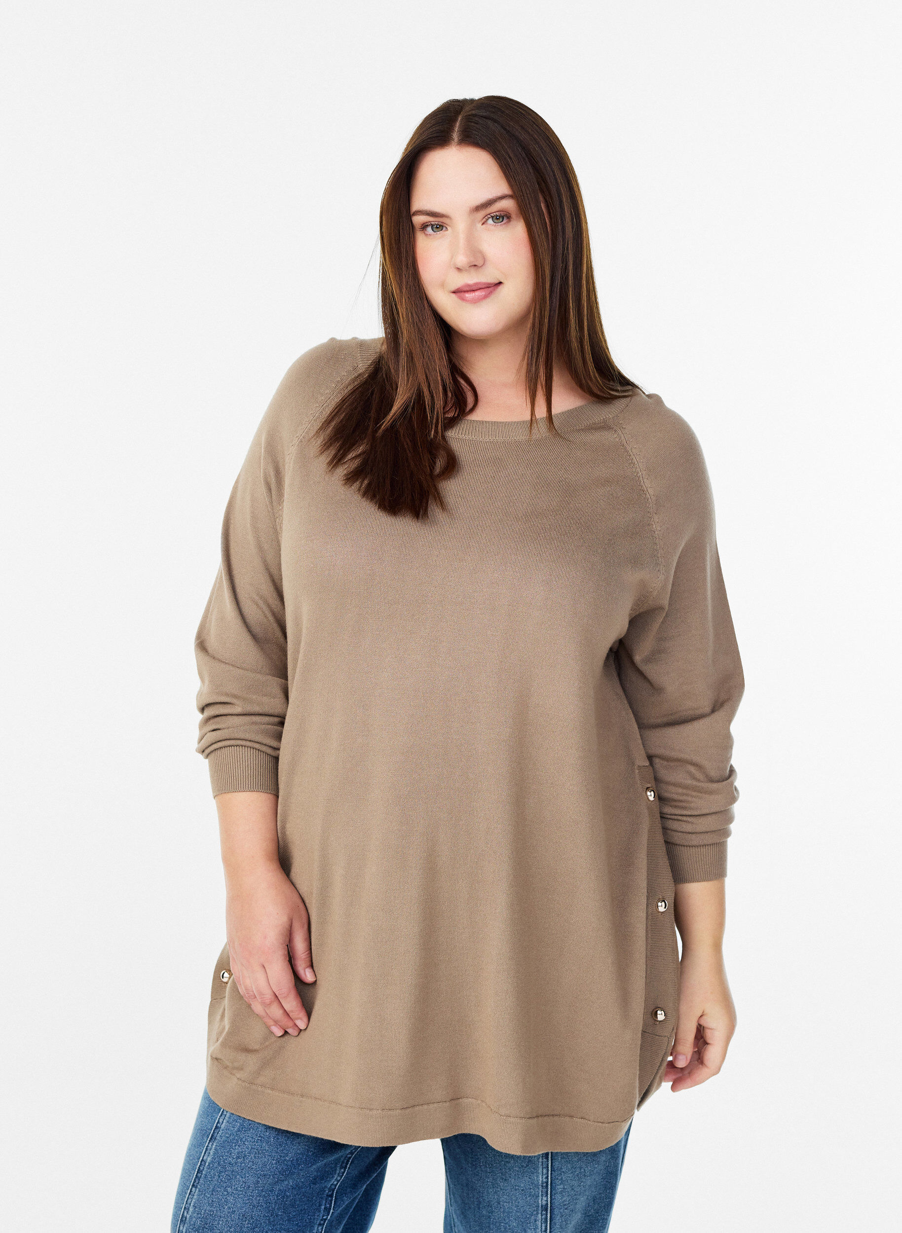 Gebreide blouse met knoopjes aan de zijkant, Beige, Model