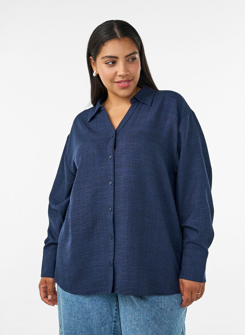 Losse shirt met V-hals, Blauw, Model image number 0