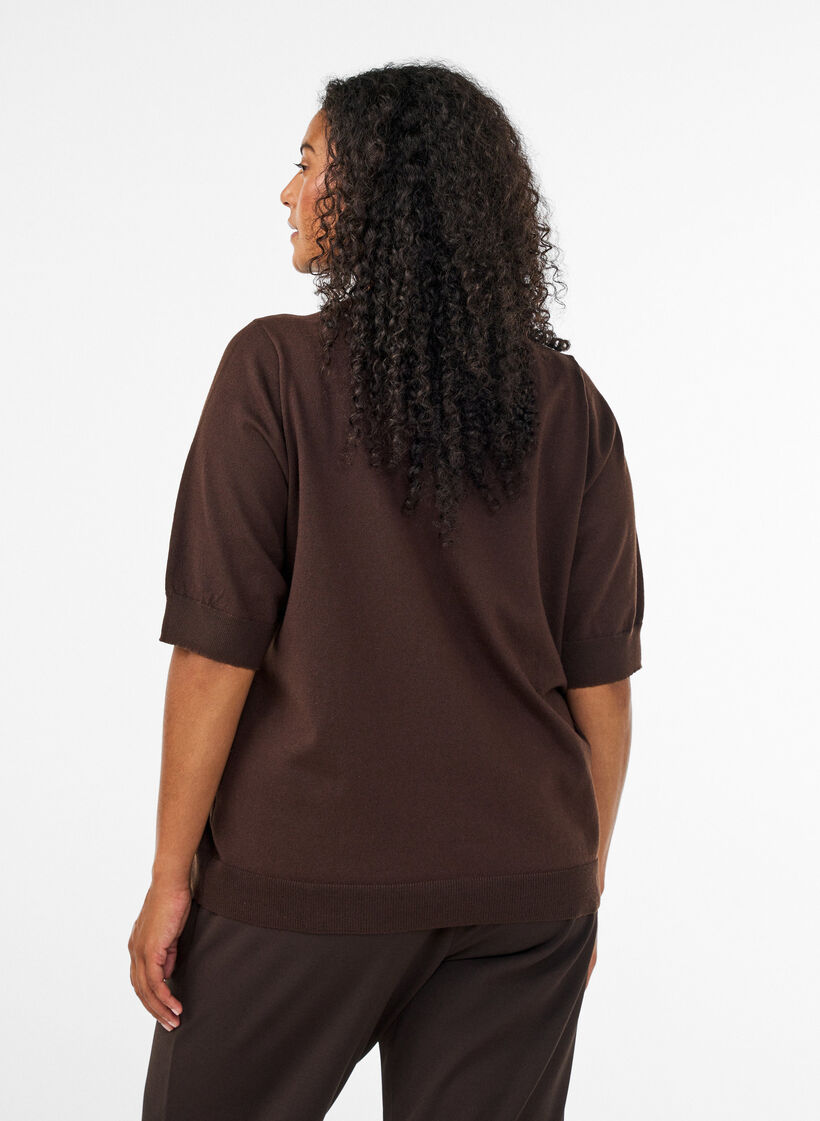 Fijngebreide blouse met korte mouwen, Bruin, Model image number 1