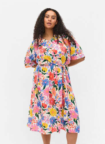Midi-jurk met print en korte mouwen, Crystal G flower AOP, Model image number 0