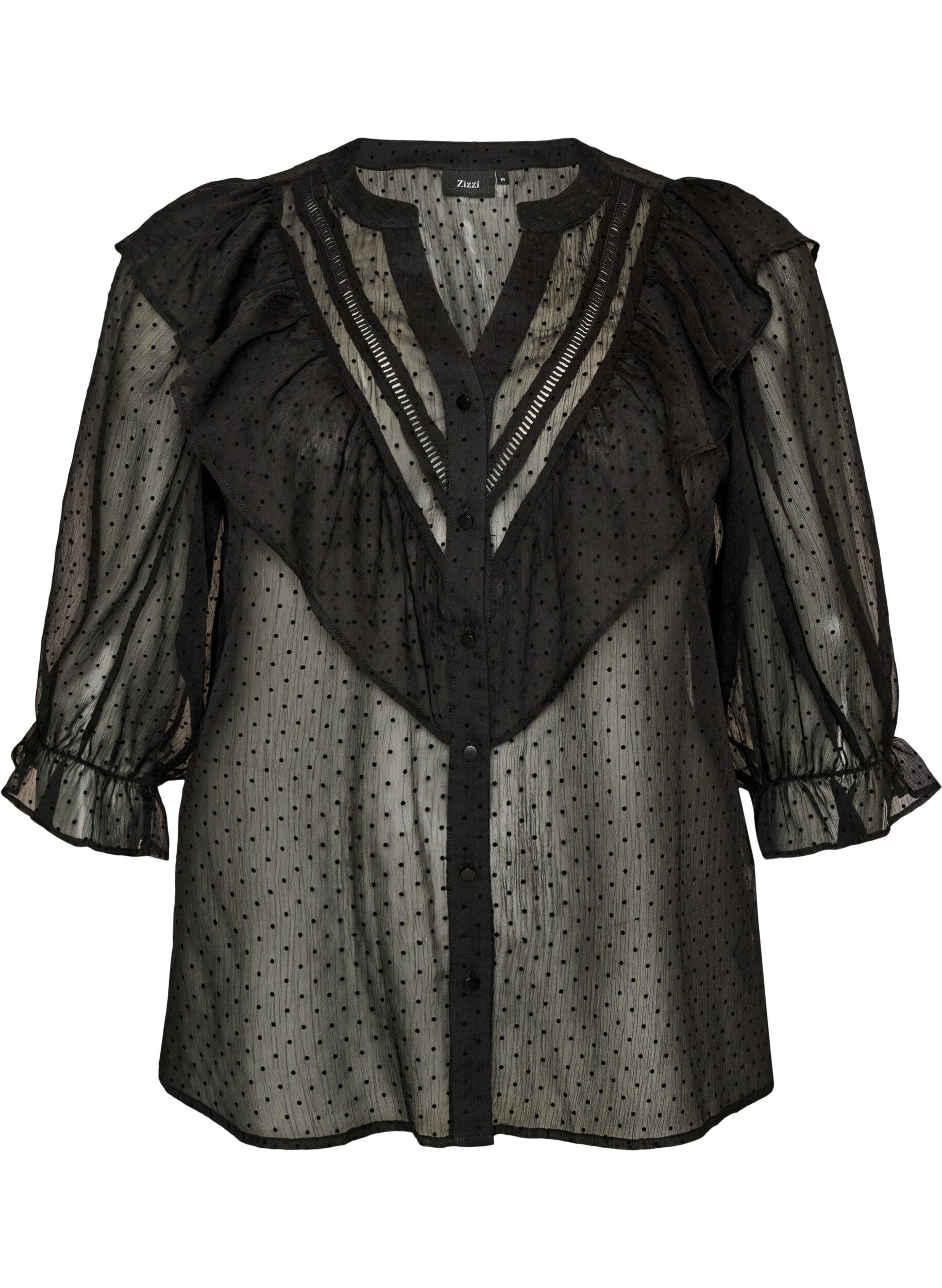 ZizziTransparante blouse met stippen en ruchesdetails, Zwart, Packshot image number 0