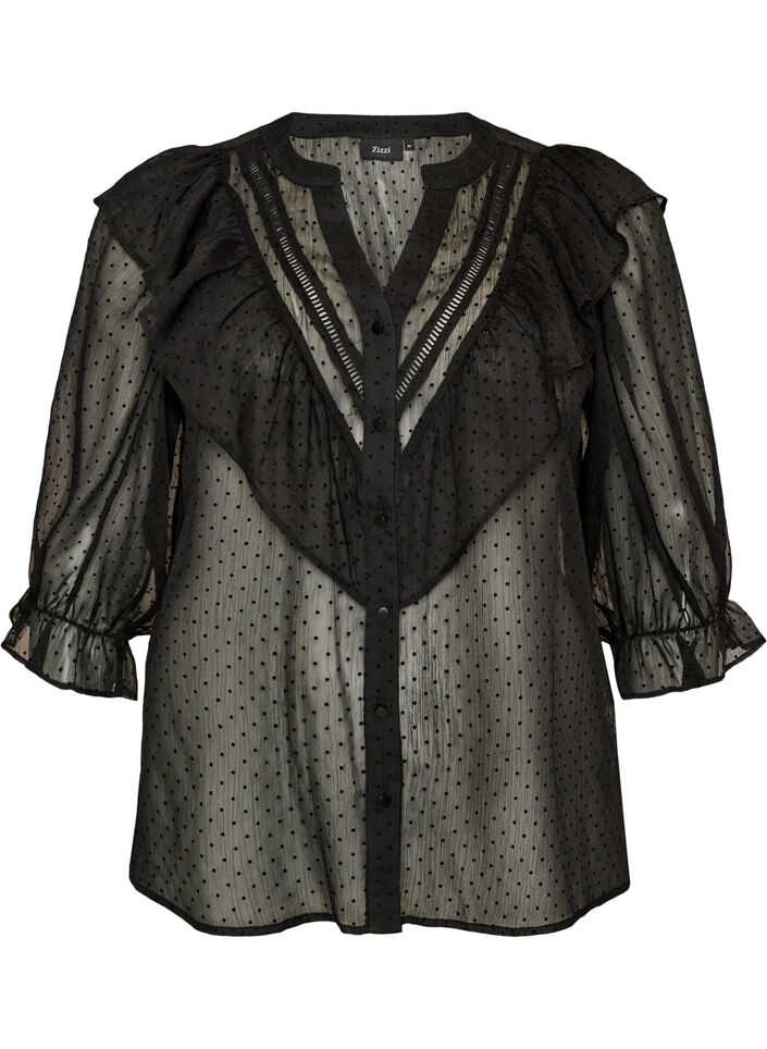 Transparante blouse met stippen en ruchesdetails, Zwart, Packshot image number 0