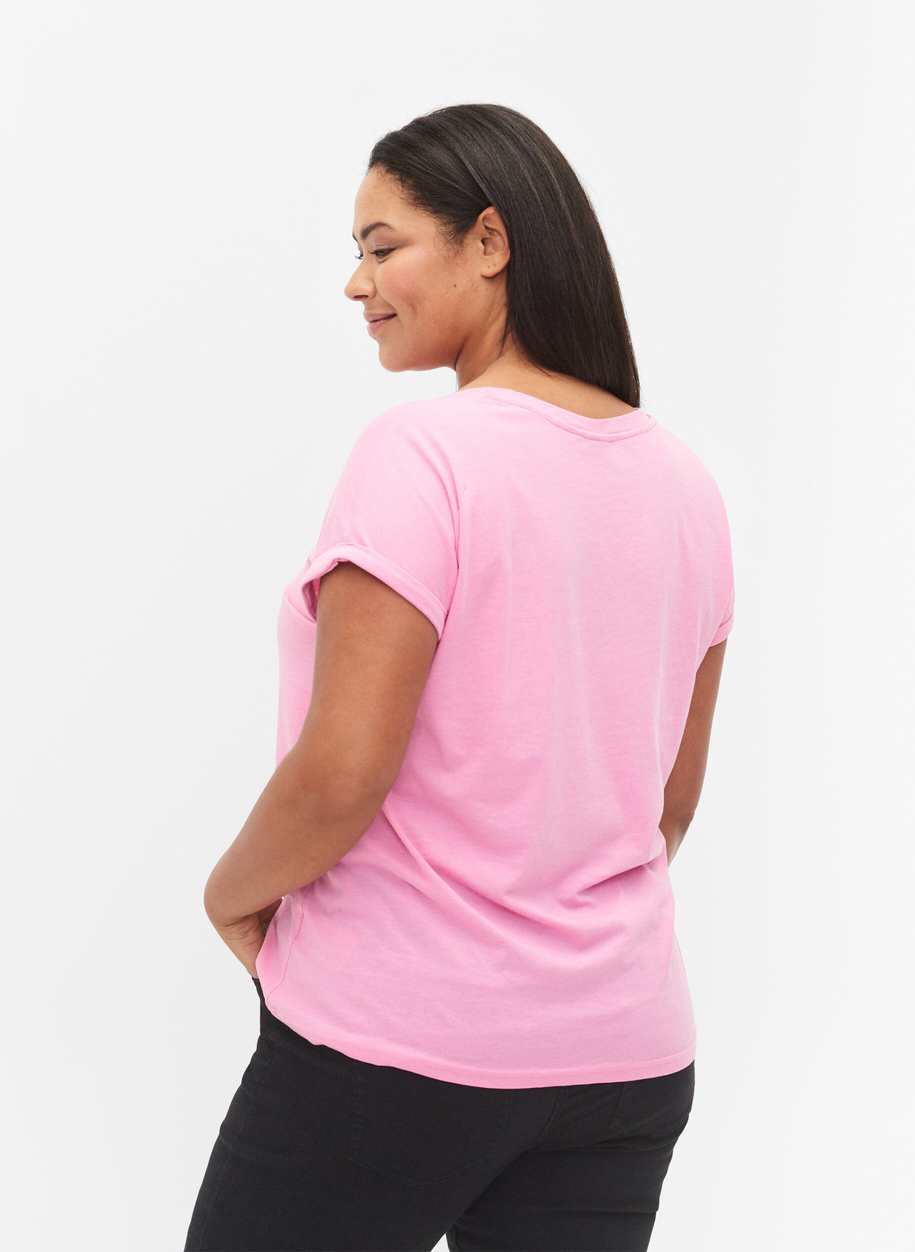 Zizzi T-shirt met korte mouwen van katoenmix, Roze, Model image number 2