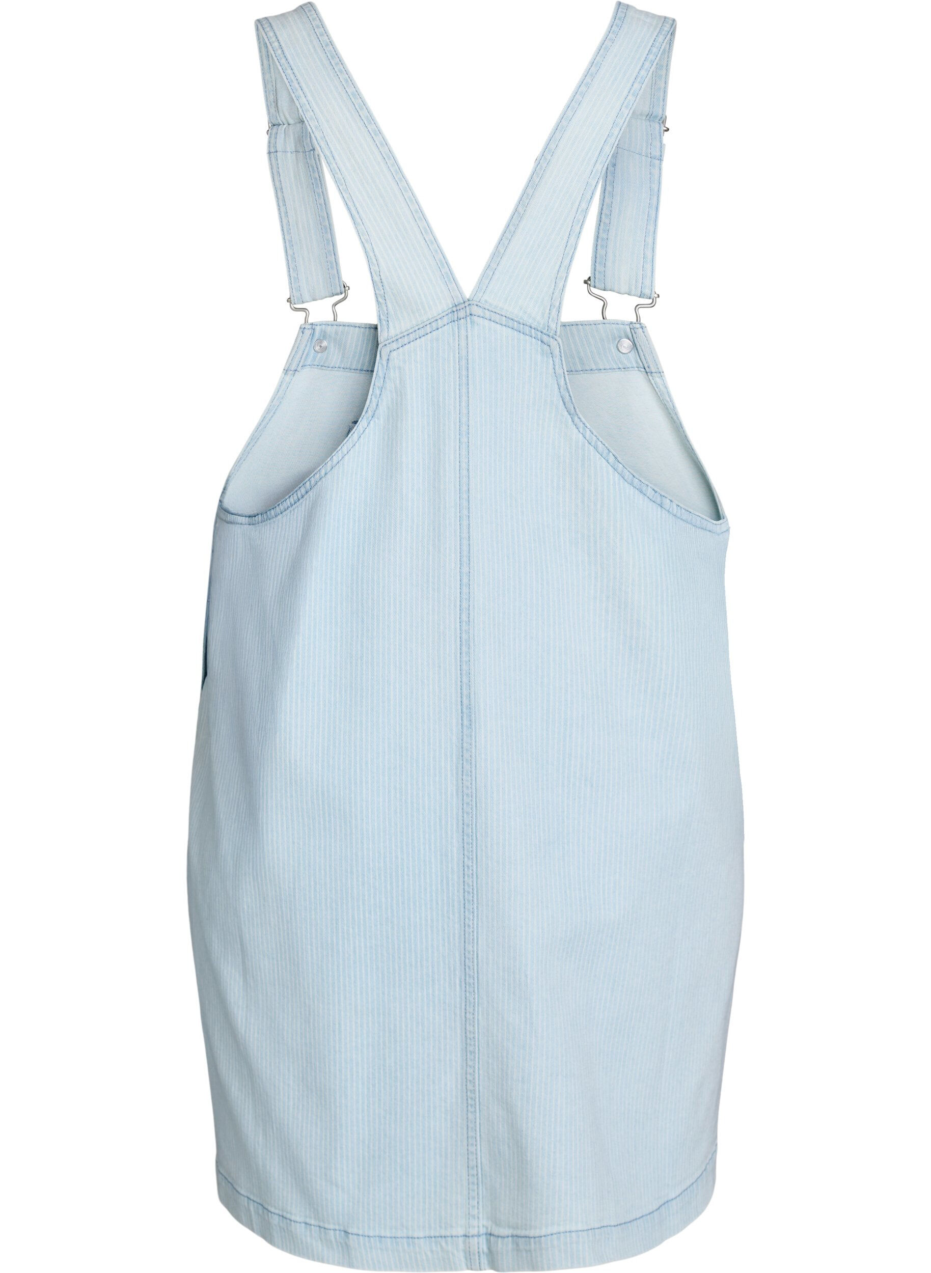Zizzi Korte denim overall jurk in gestreept katoen, Blauw, Packshot image number 1