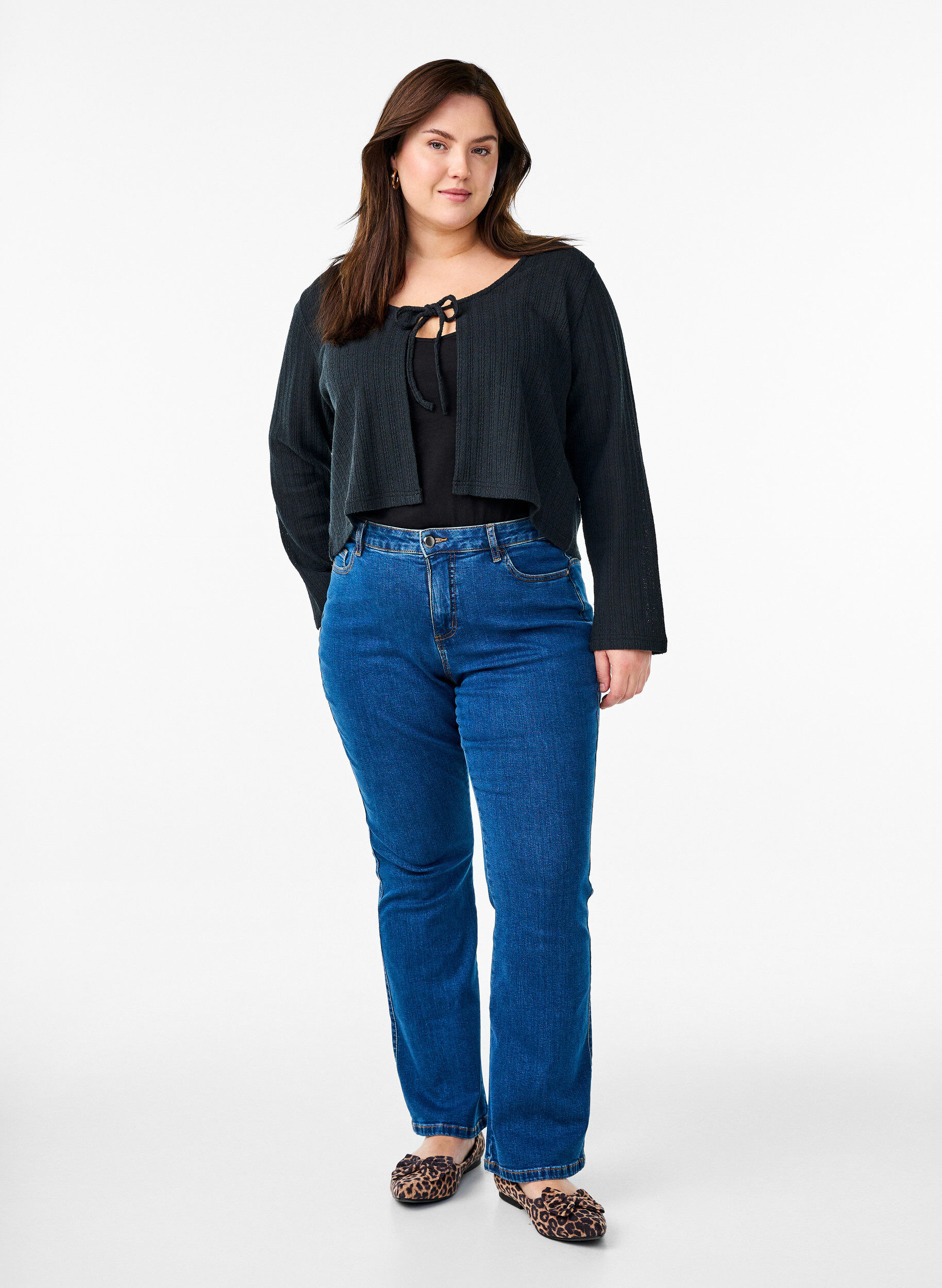 Zizzi Cardigan met textuur en strik voorkant, Zwart, Model image number 1