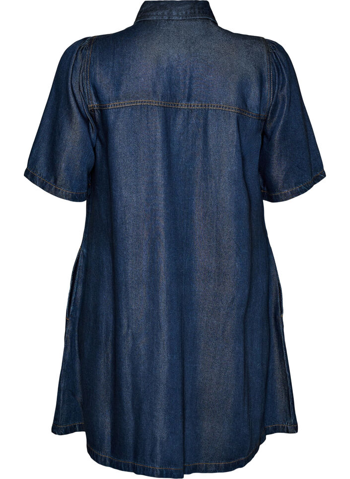 Denim jurk van lyocell met knopen en korte mouwen, Blauw, Packshot image number 1
