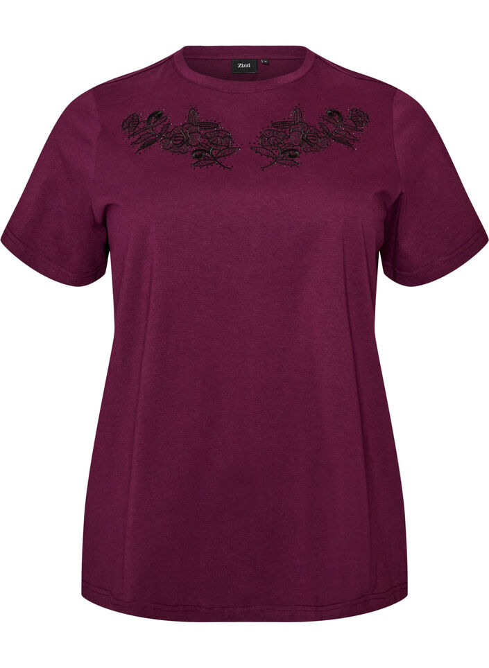 T-shirt met bloemenborduursel en strassteentjes, Paars, Packshot image number 0