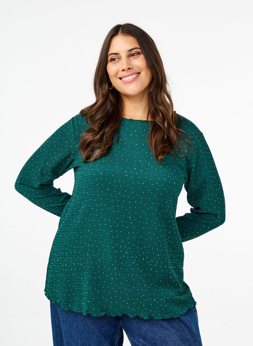 Blouse met lange mouwen en strassstenen, Groen, Model image number 0