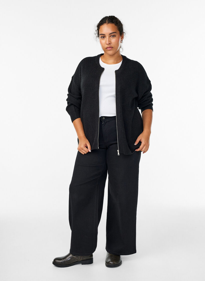 Breigoed cardigan met ritssluiting, Zwart, Model image number 1
