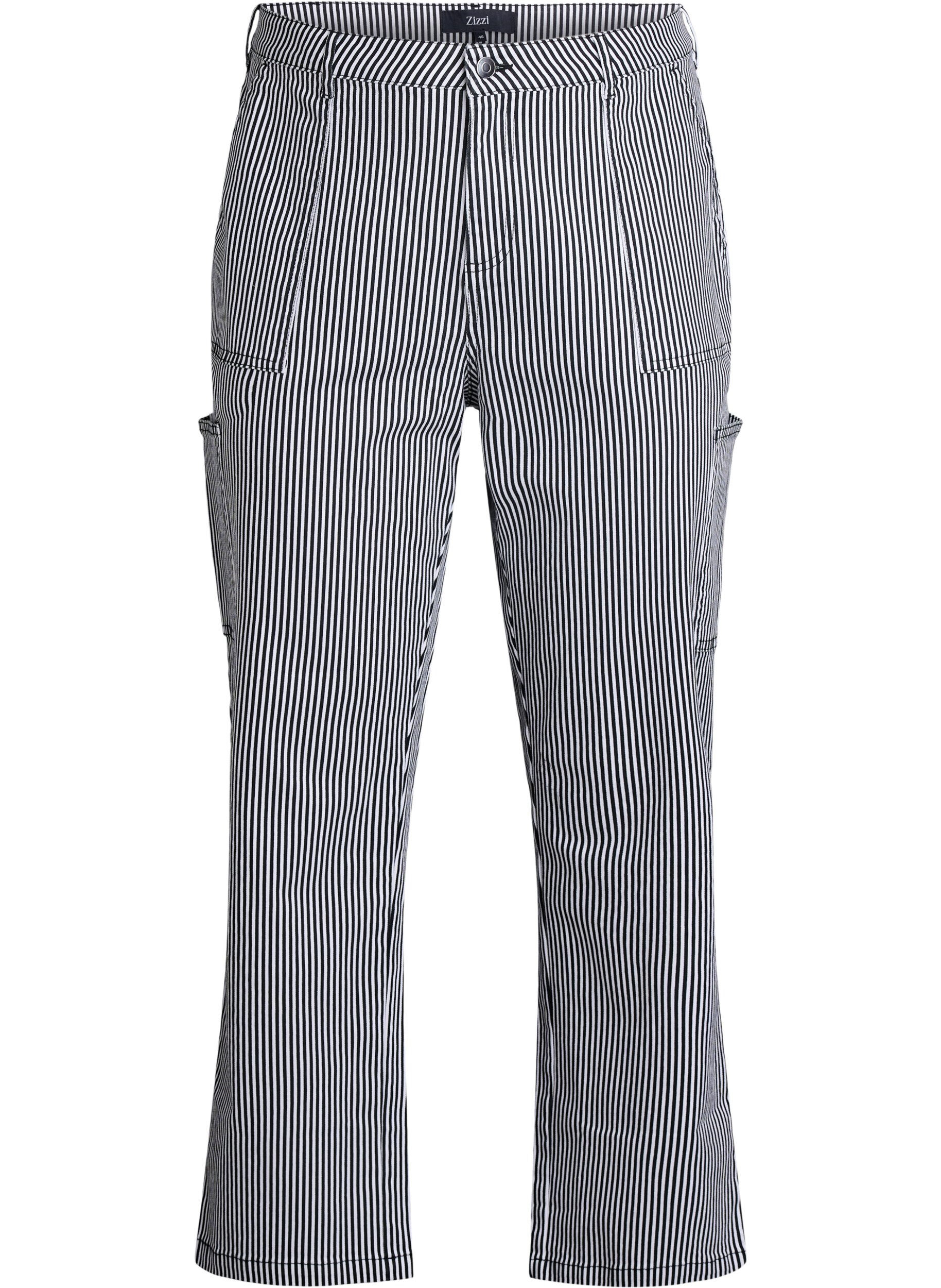 Zizzi Hoog getailleerde gestreepte cargo jeans, Zwart, Packshot image number 0