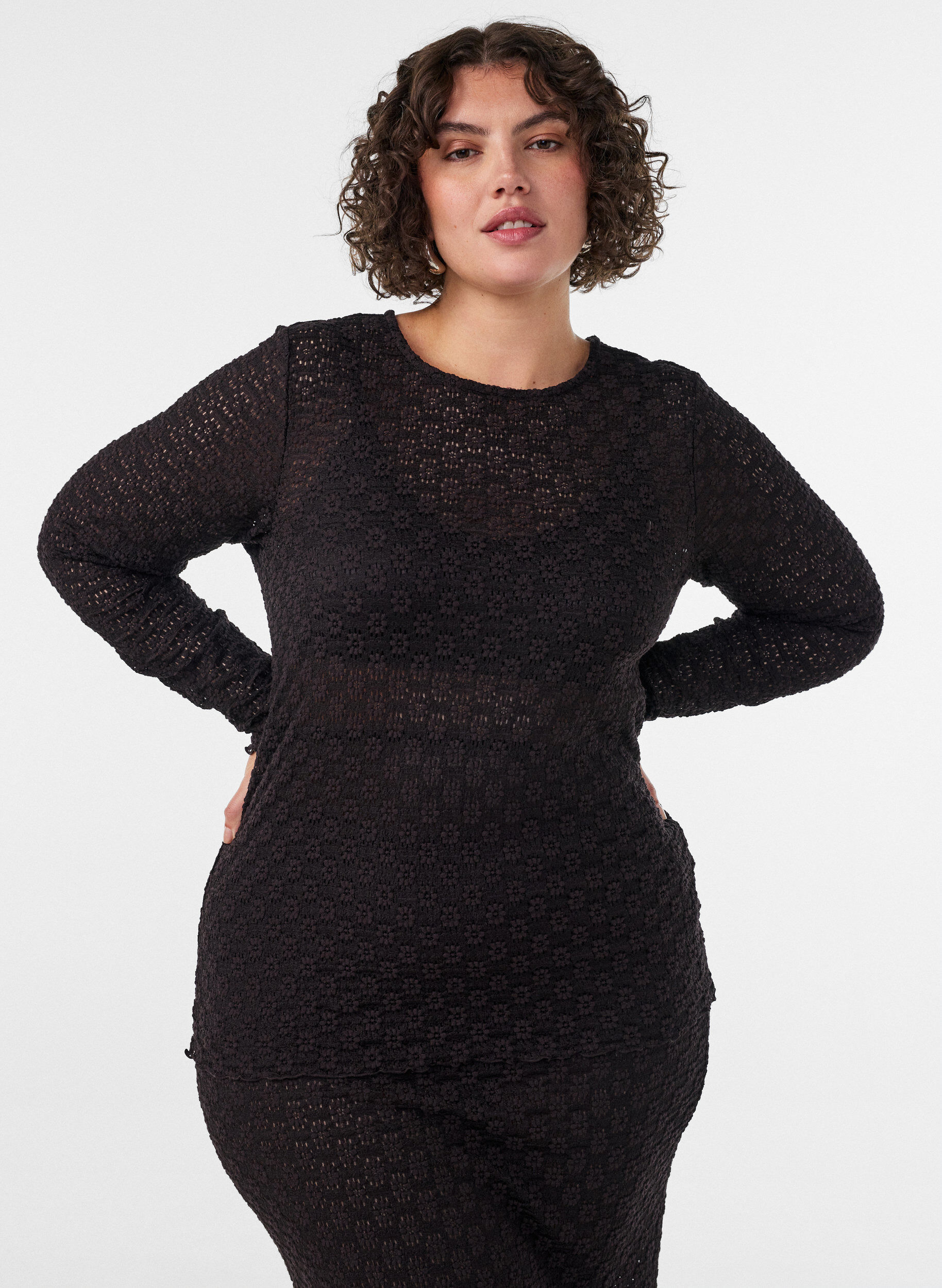 ZizziBlouse met ajourpatroon en lange mouwen, Zwart, Model image number 0