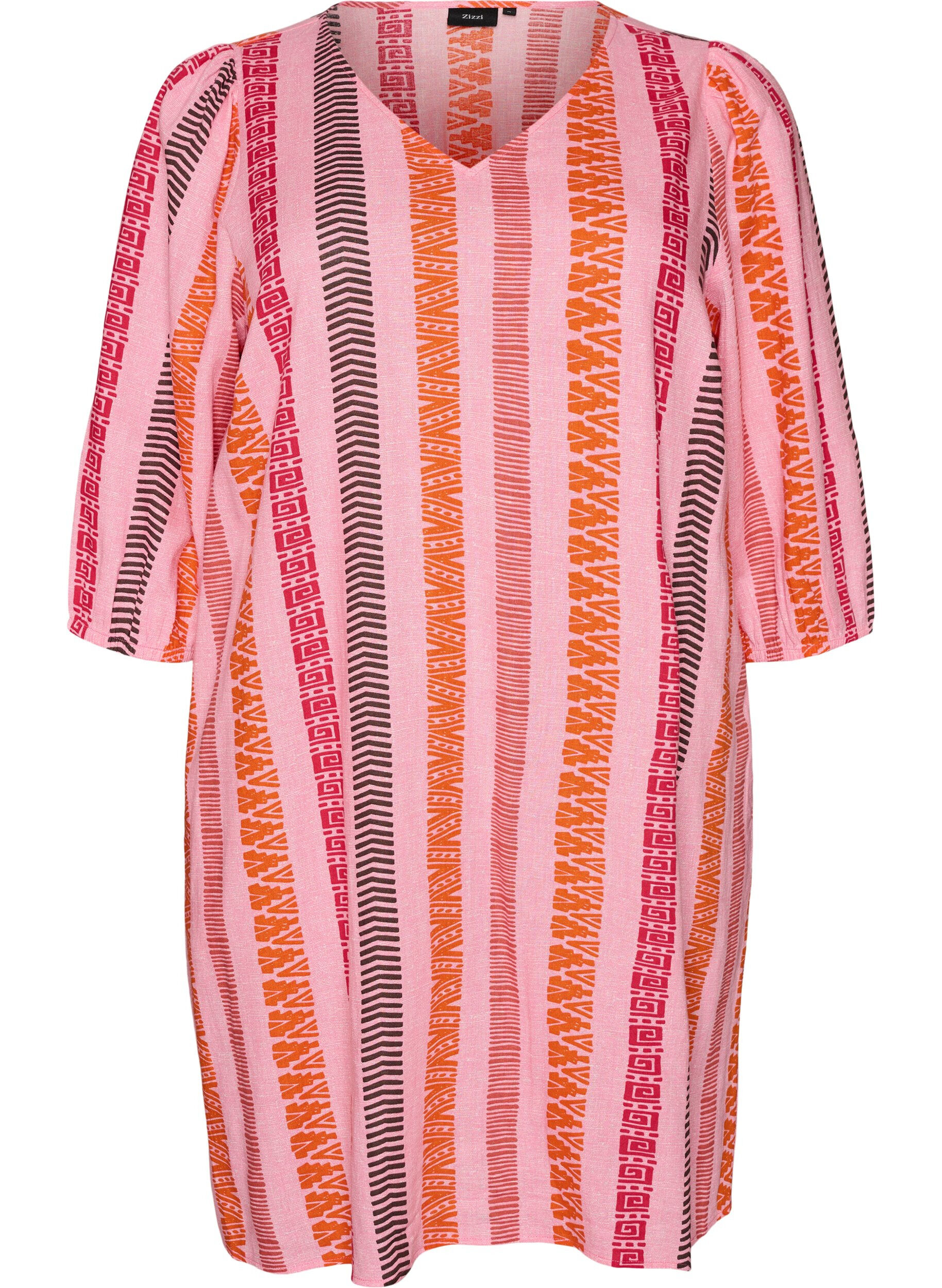 Korte jurk in linnen en viscose met 3/4 mouwen