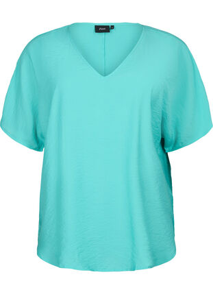Viscose top met korte mouwen en v-hals, Turquoise, Packshot image number 0