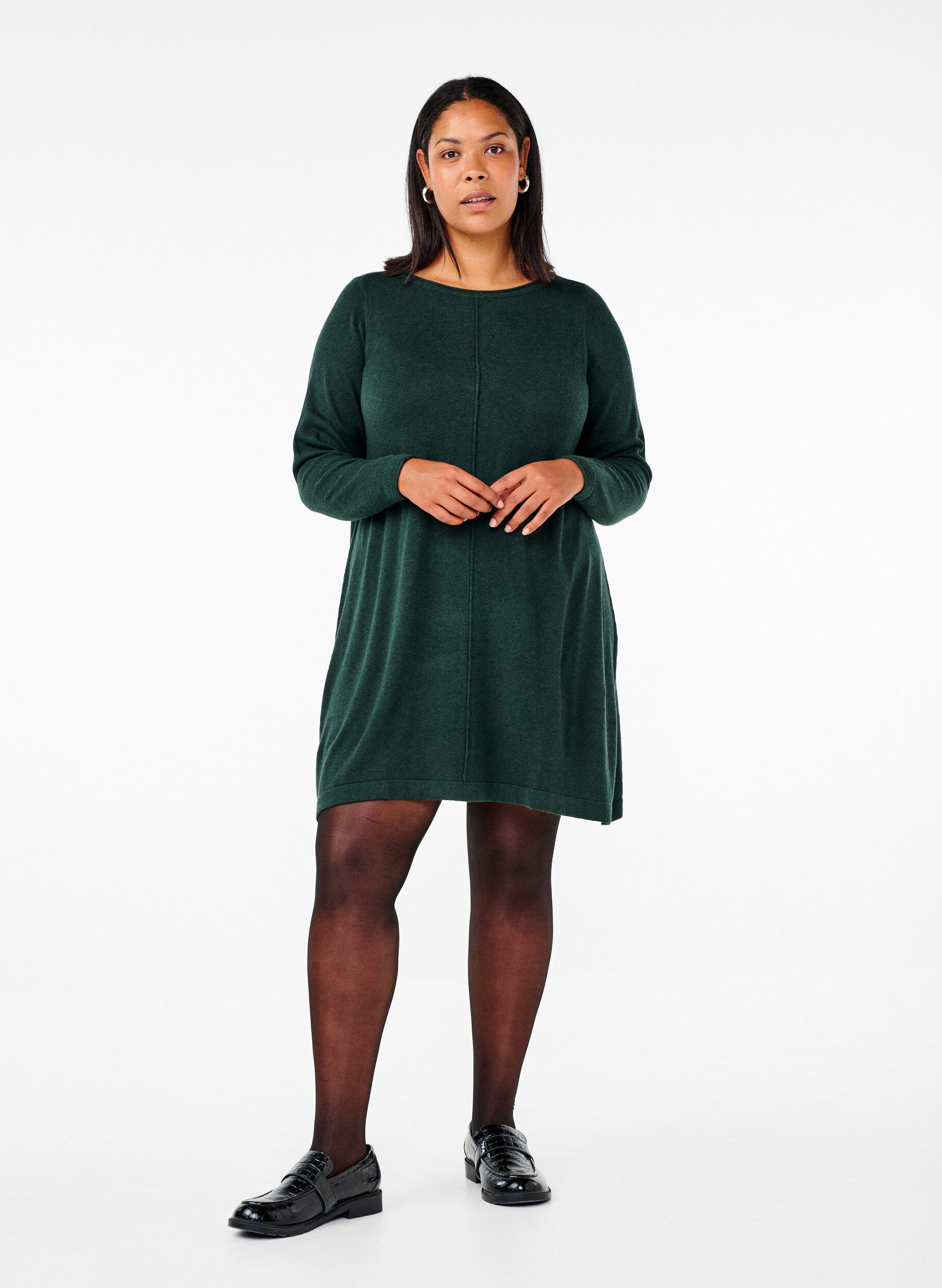 Zizzi Gebreide jurk in katoen-viscose blend, Groen, Model image number 1