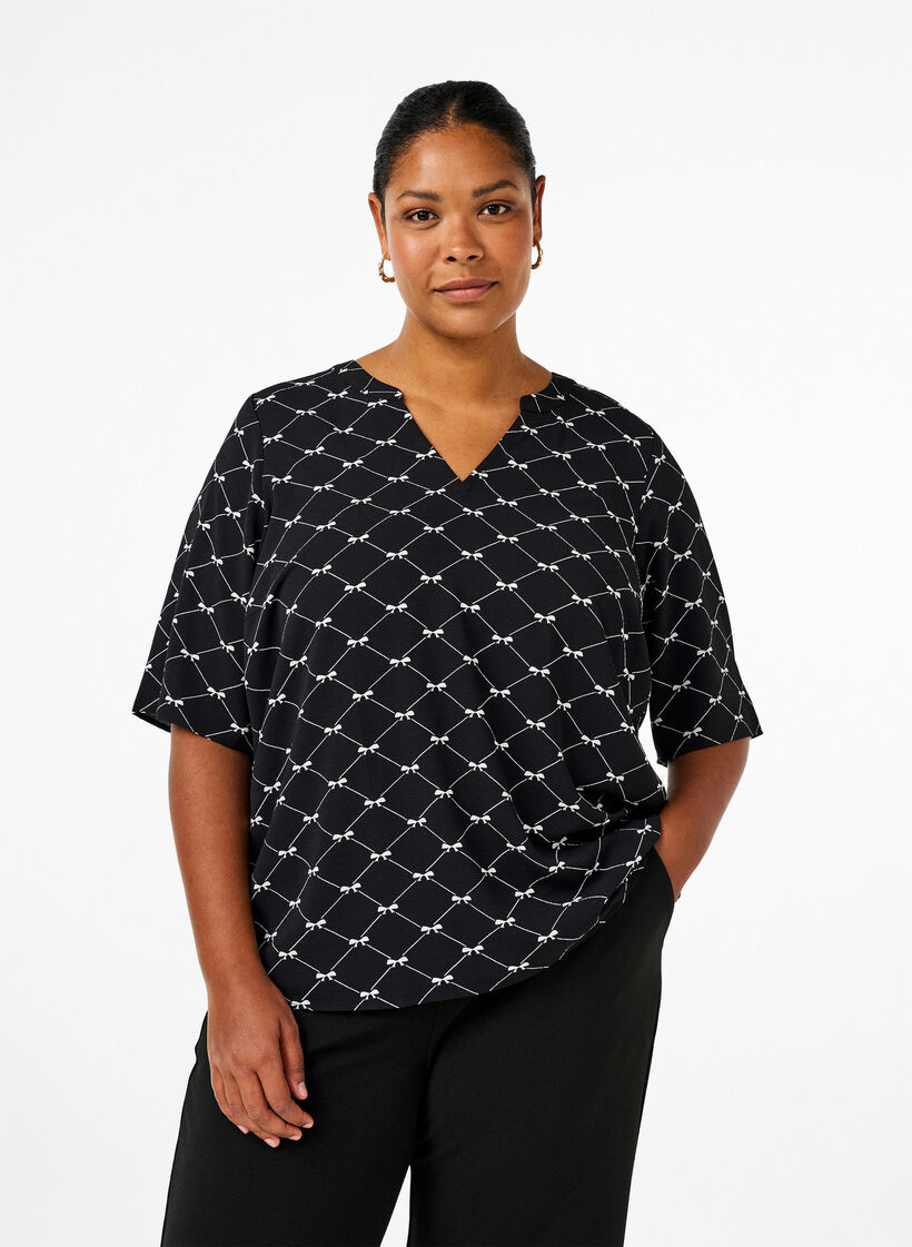 Blouse met V-hals en strikprint, Black Bow AOP, Model image number 0