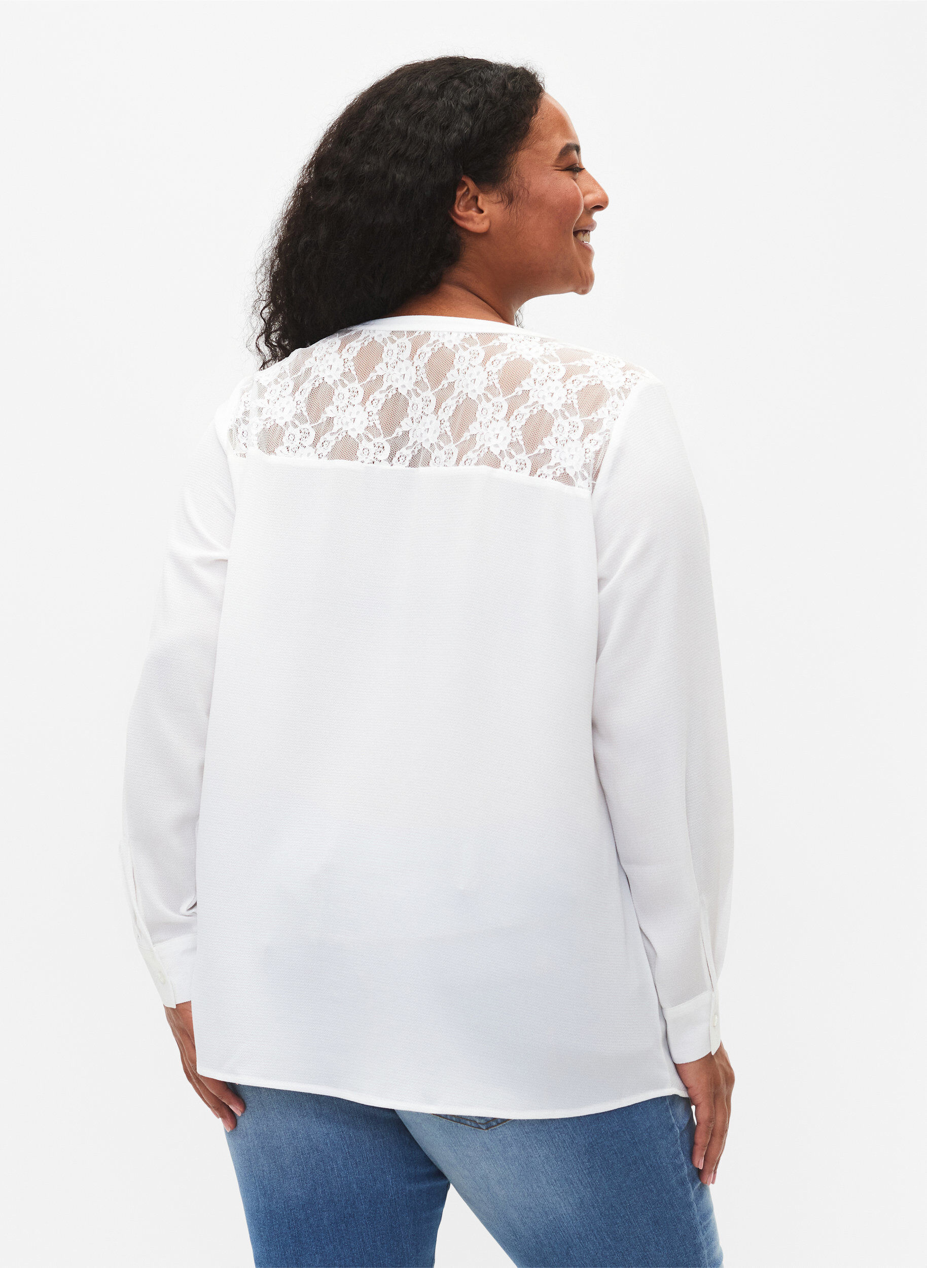 Zizzi Blouse met lange mouwen en kanten detail , Bright White, Model image number 1