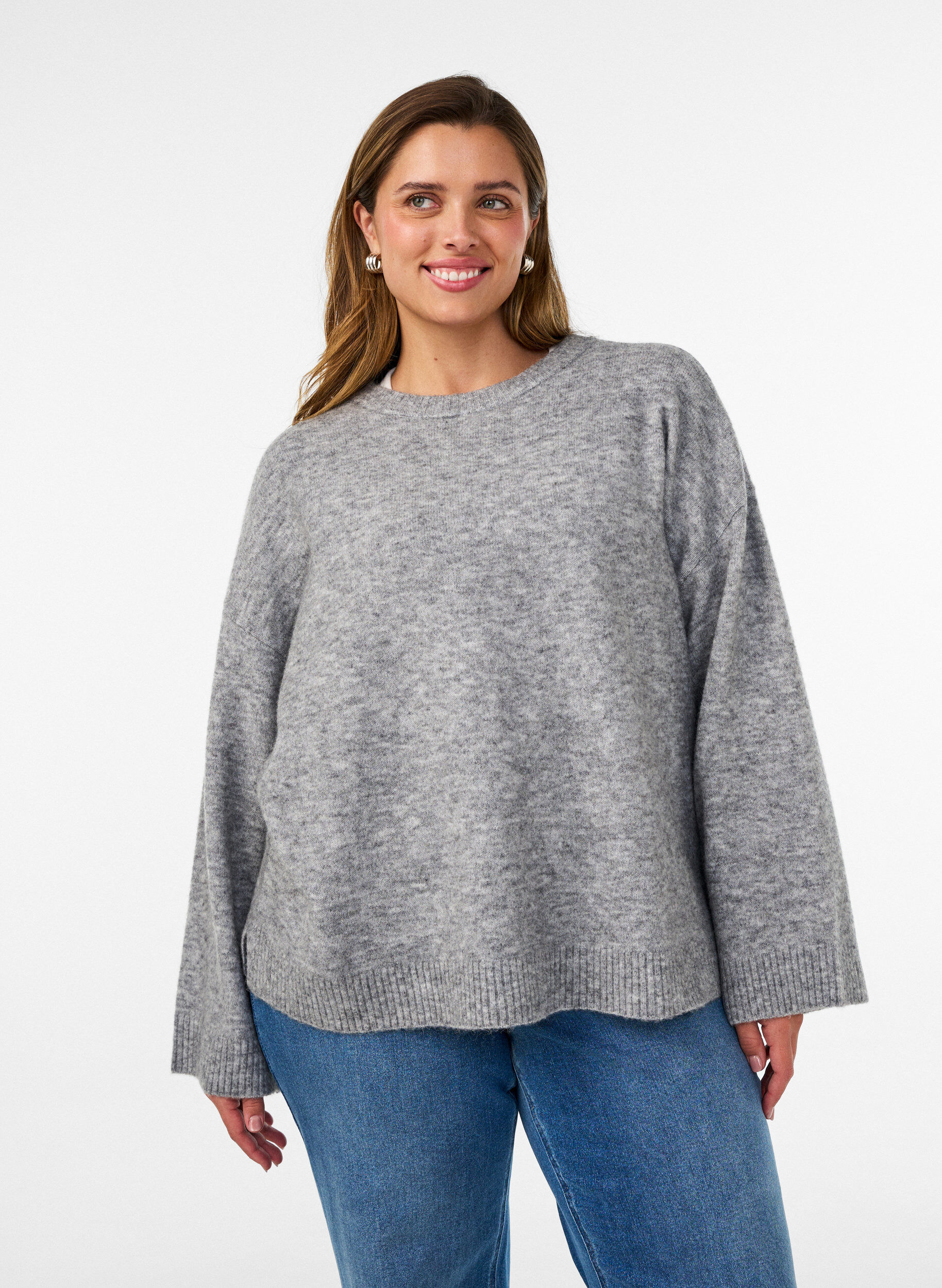 Losse gebreide blouse met alpaca en wol, Grijs, Model