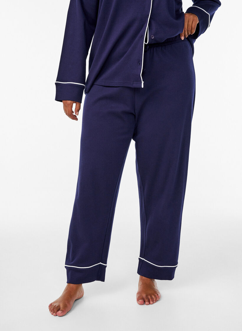 Katoenen pyjamabroek met hoge taille, Blauw, Model image number 2