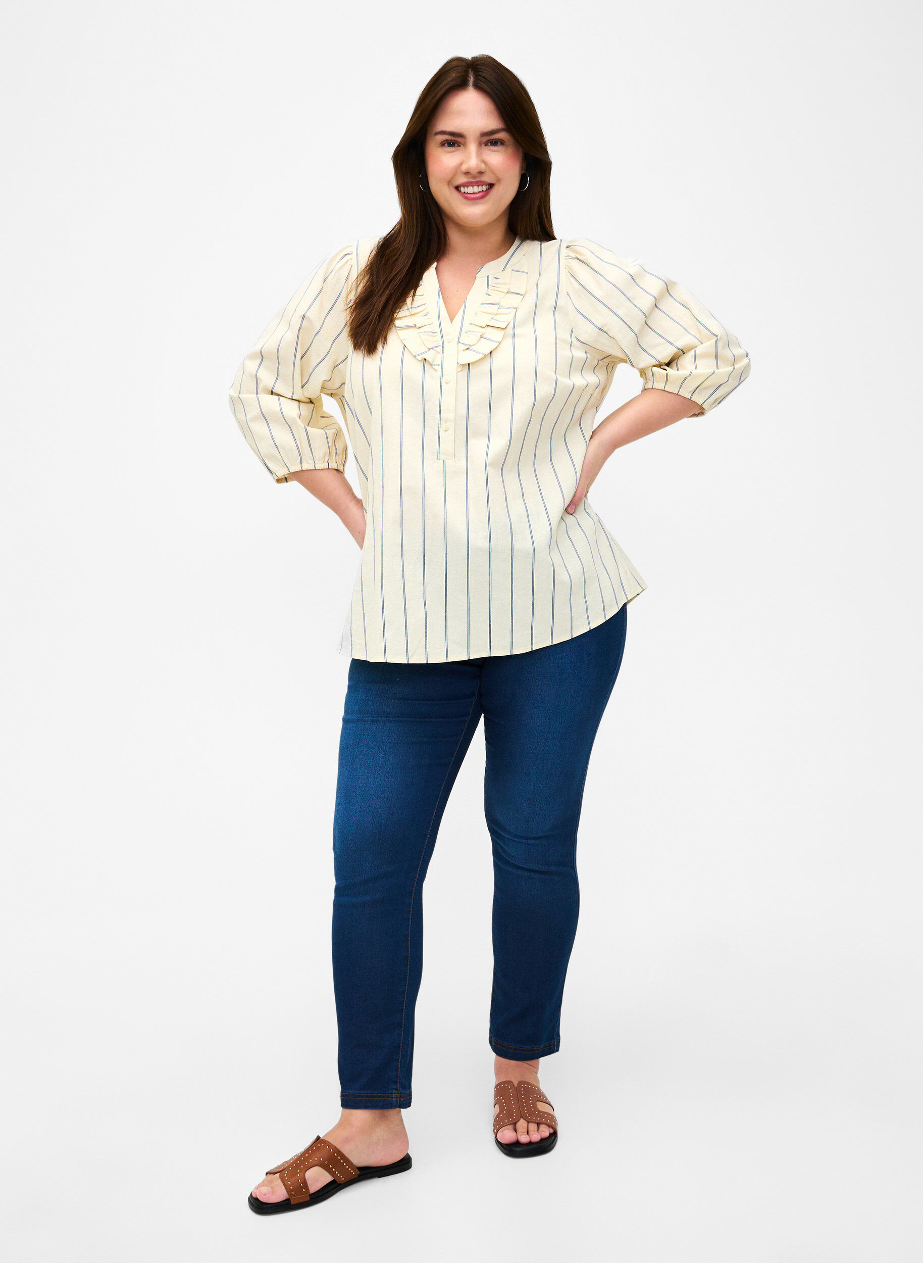 Zizzi Katoenen blouse met 3/4 mouwen en strepen, Eggnog Stripe, Model image number 2
