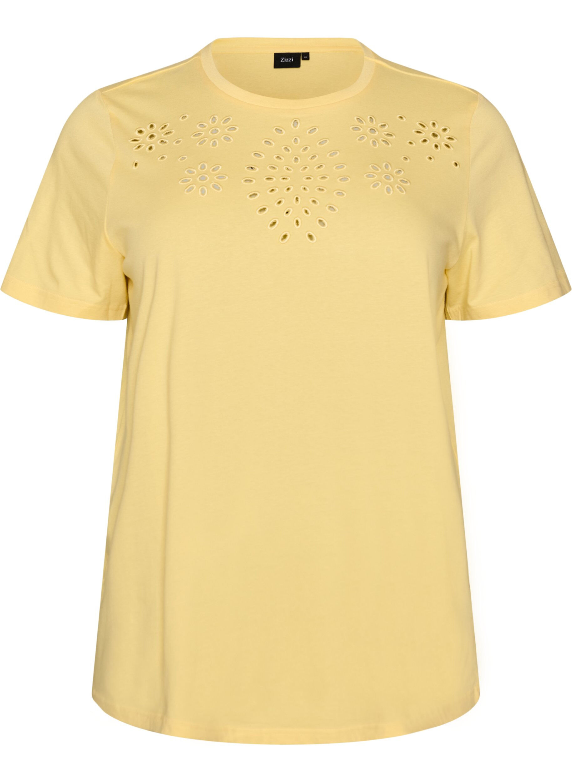 ZizziT-shirt van biologisch katoen met open broderie, Geel, Packshot image number 0