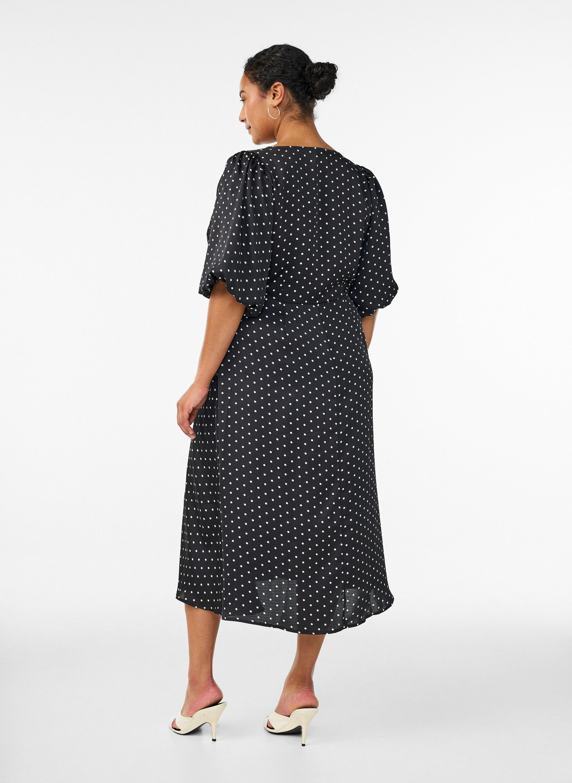 ZizziPolkadot midi-jurk met vierkante halslijn, Zwart, Model image number 1
