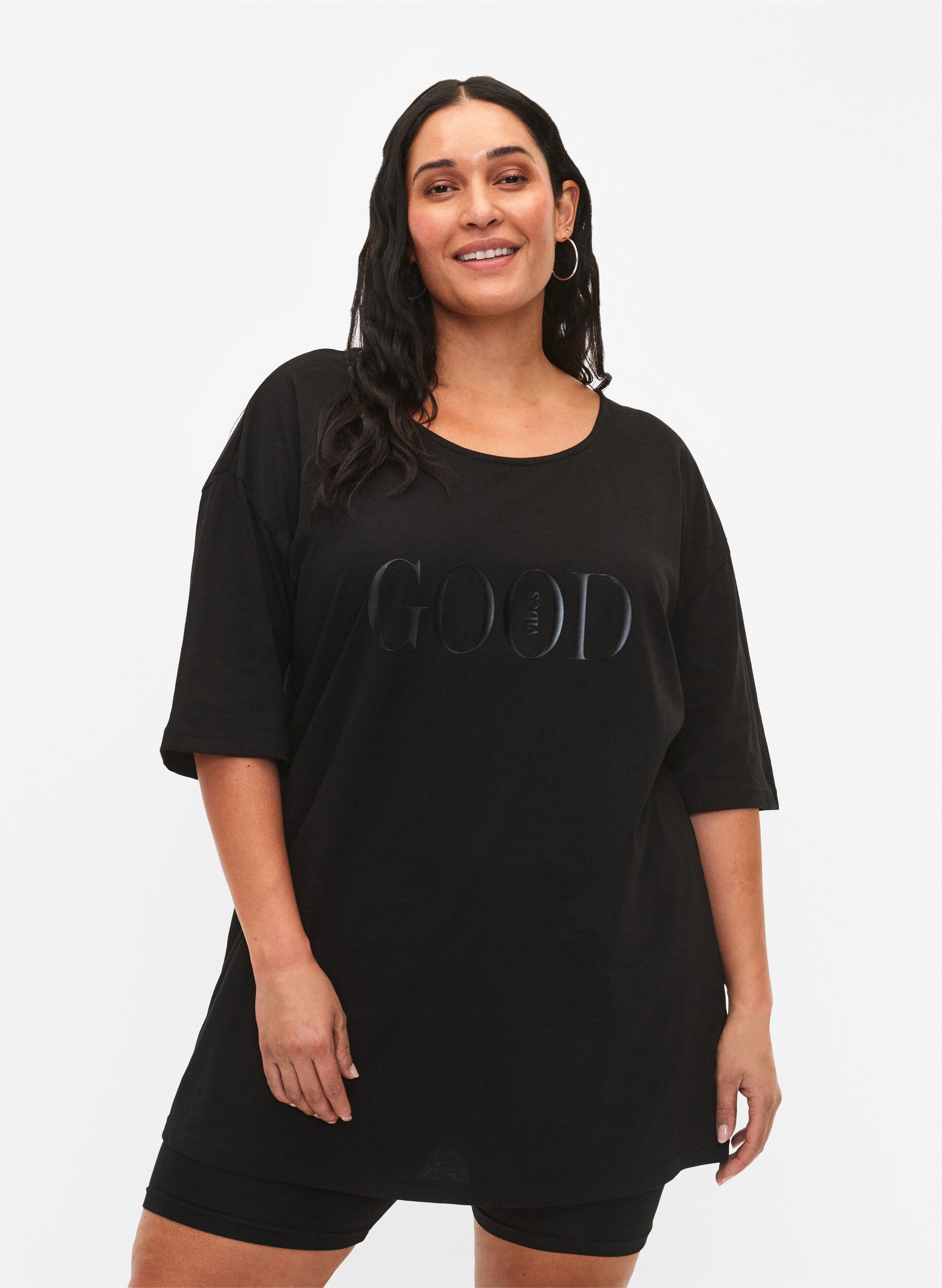 Zizzi Oversized katoenen t-shirt met print, Black GOOD, Model image number 0